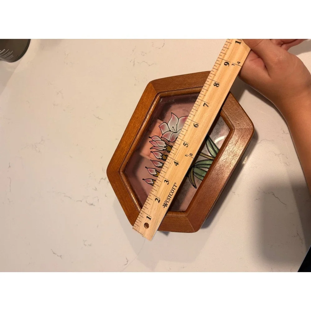 Vintage Mele Wood Jewelry Box Hexagon Stained Glass Flower Lid Pink Lining Boho